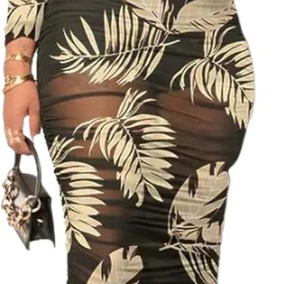 Women Sexy Mesh Bodycon Midi Dress Set Floral Long Sleeve Cover Up - Picture 7 of 7